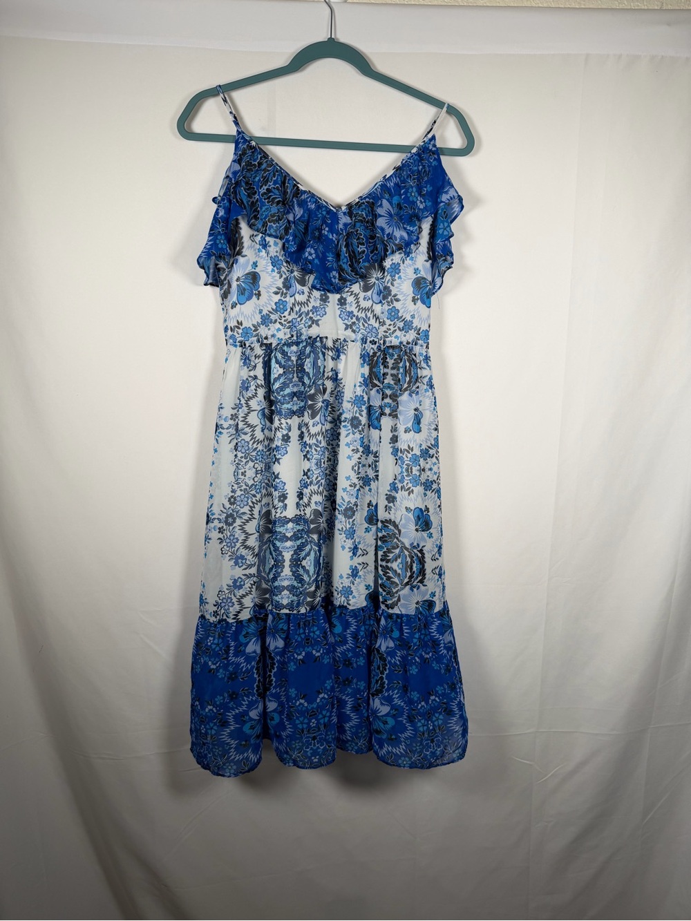 Eliza J Blue Floral‎ Cold Shoulder Ruffle-Trim Midi Dress